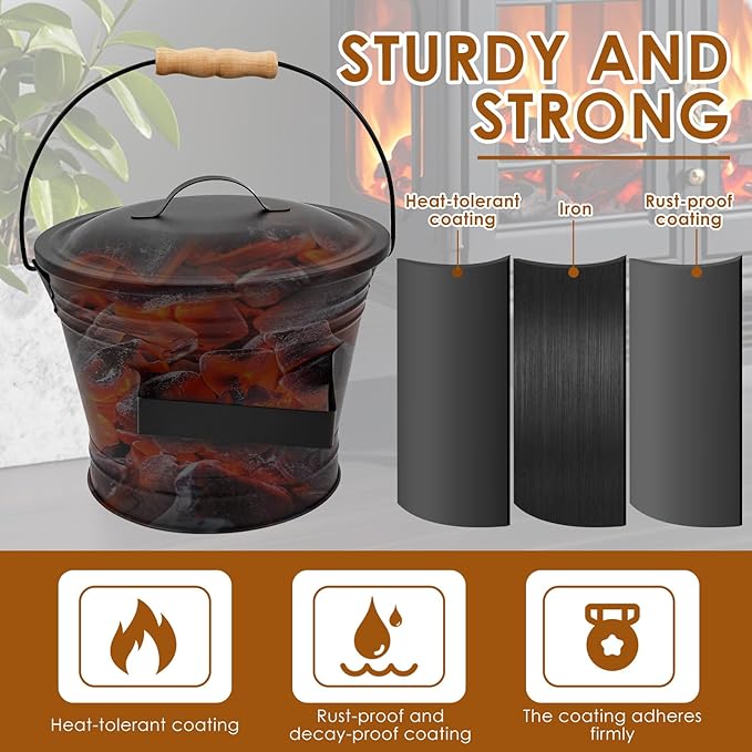 1.5 Gallon Ash Bucket with Lid and Shovel Broom Metal, Fireplace Ash Bucket, Complete Fireplace Tools Set for Fire Pit Grill Black(4 Pcs Set)