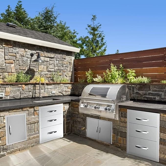 Outdoor Kitchen Drawers, Flush Mount Triple Access BBQ Drawers With Stainless Steel Handle, BBQ Island For BBQ Island Patio Grill Station,Three Drawers