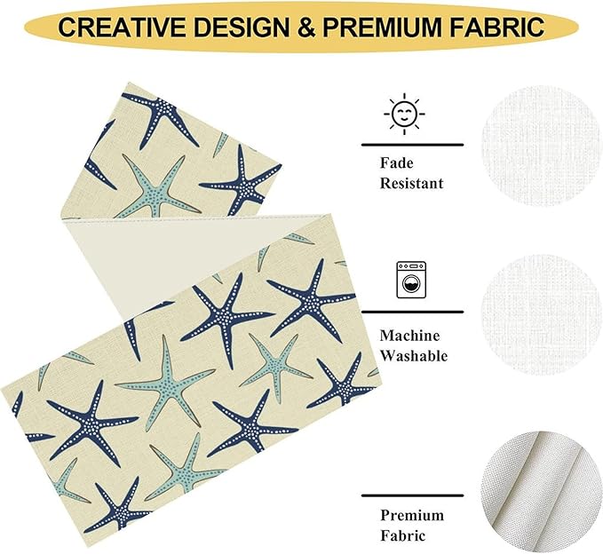 Blue Starfish Table Runner,Nautical Beach Ocean Table Runner Seasonal Holiday Home Kitchen Dining Table for Home Party Decor 13"x72"
