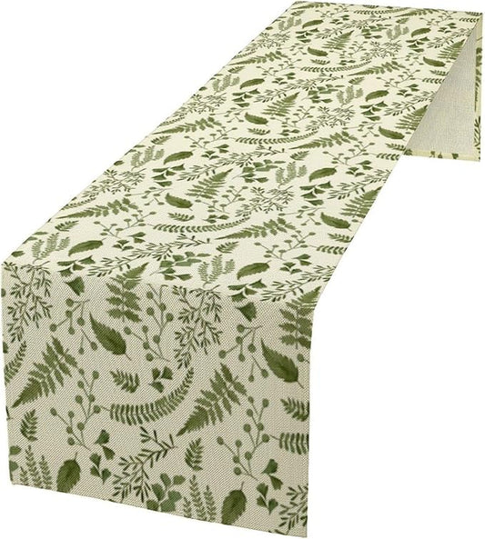 Green Leaves Table Runner,Spring Summer Herbs Botanical Natural Plants Print Table Runner for Kitchen Dining Table Farmhouse Home Party Decor 13x70in