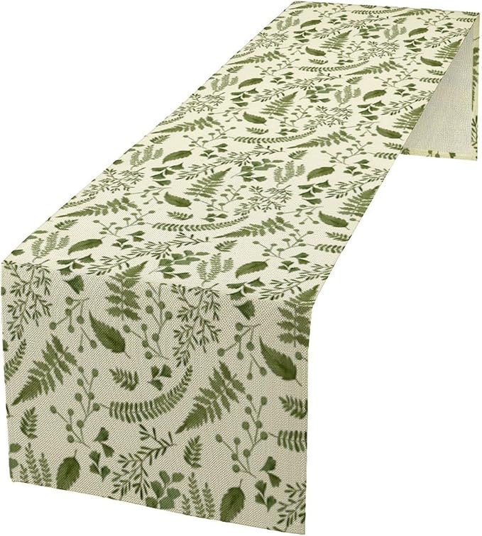 Green Leaves Table Runner,Spring Summer Herbs Botanical Natural Plants Print Table Runner for Kitchen Dining Table Farmhouse Home Party Decor 13x90in