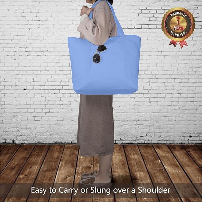 TOPDesign 6-Pack Canvas Tote Bags with an External Pocket, Reusable Grocery Shopping Bags, Top Zipper Closure, Daily Essentials (Light Blue)