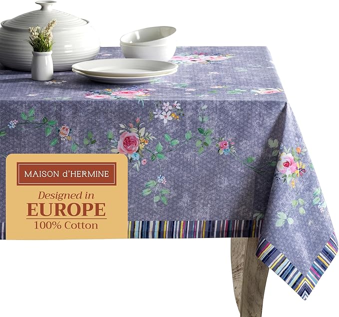 Maison d' Hermine Table Cloth Square Table 100% Cotton 60 x 60 Inches Tablecloth Reusable for Dining Room, Farmhouse, Home Party, Festive & Wedding Spring Summer - Sweet Rose Lavender - Country Garden