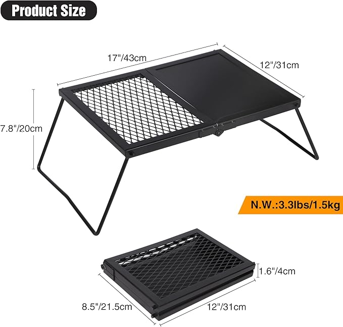 Folding Campfire Grill Grate, Portable Heavy Duty Steel Mesh Over Fire Camp Grill, Camp Fire Cooking Equipment with Legs & Carrying Bag, Grilling Rack for Outdoor BBQ Picnic