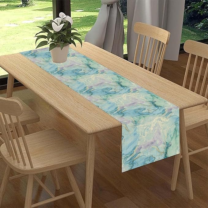 Summer Beach Table Runner, Blue Sea Coastal Nautical Marble Wave Ocean Table Runner Seasonal Holiday Home Kitchen Dining Table for Home Party Decor 13"x72"