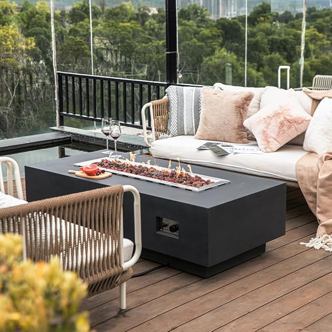 Elementi Granville Dark Grey Fire Pit Outdoor Firepit Set Includes 60” Natural Gas Concrete Firepit Table, Glass Windscreen, Stainless Steel & Canvas Cover, Floor Mat and Beverage Tub