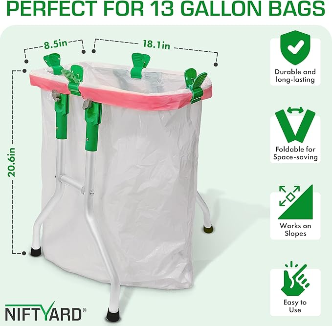 Small Trash Bag Holder, 13 Gallon Plastic Bag Capacity, Works on Slopes, Foldable, Outdoor Trash Bag Holder Stand, Camping, Picnics, RV Travel, Parties, House & Yard Cleanup, Gardening