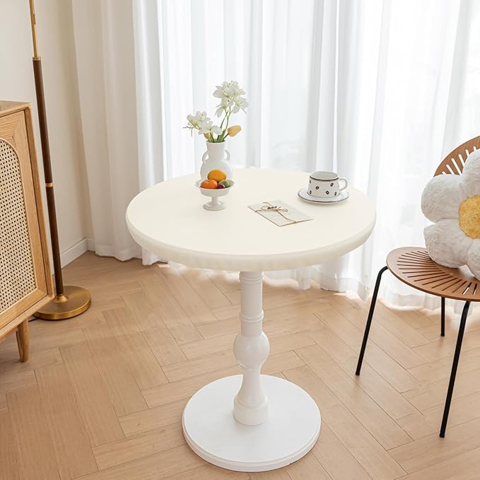 Round Fitted PU Tablecloth with High Elastic Edge 55 Inch Dia Waterproof Oil Proof Table Cloth Anti-Scald Stain-Resistant Wipeable Table Cover for Indoor Outdoor Picnic (Cream,55" Dia)