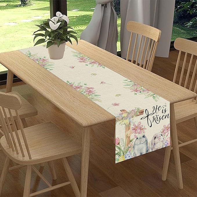 Easter Bunny Rabbits Table Runner,Boho Floral Cross Rabbits Easter Eggs Spring Table Center Decor for Family Kitchen and Living Room Outdoor Farmhouse Party Table Decorations, 13"x36"