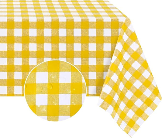 Romanstile Rectangle Vinyl Tablecloth, 100% Waterproof Buffalo Gingham Plastic Table Cloth, Heavy Duty Wipeable Checkered Table Covers for Outdoor, Camping, Picnic, Patio - 54 x 78, Yellow and White
