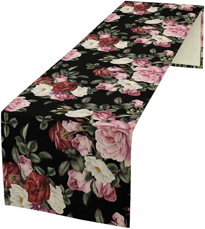 Gothic Floral Table Runner,Vintage Pink Red Rose Flower Print Table Runner for Kitchen Dining Table Indoor Outdoor Home Party Decor,Black 13x60in