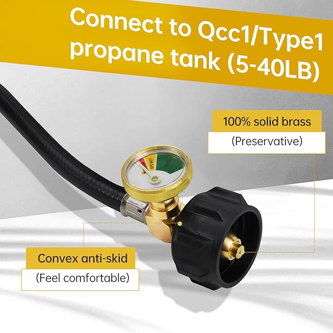 Propane Refill Adapter, 1 lb Tank, Brass, QCC1 Connector, 36 Inch Hose, 350 PSI, Silver, 1 Pack