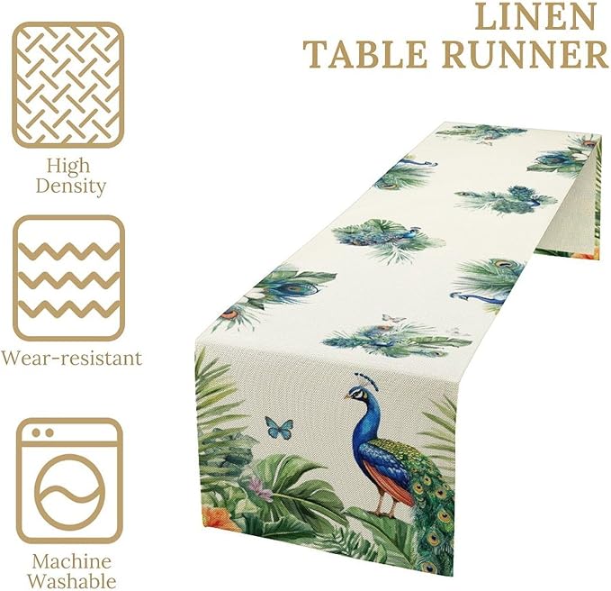 Peacock Table Runner,Traditional Chinese Style Peacock Feather Bird Floral Tropical Leaf Table Center Decor for Home Dining Kitchen Patio Holiday Party Indoor Table Decorations, 13"x108"
