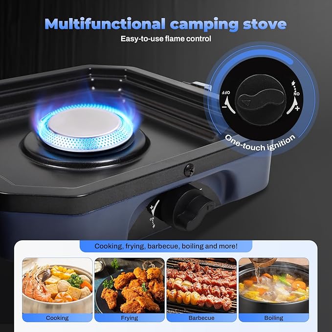Propane Double Burner Two Burner Camp Stove, 16000 BTU Portable Folding Gas Stove for Camping, With grill, grill pan and carry bag, For camping, home backyard, canning, frying turkey (Blue)