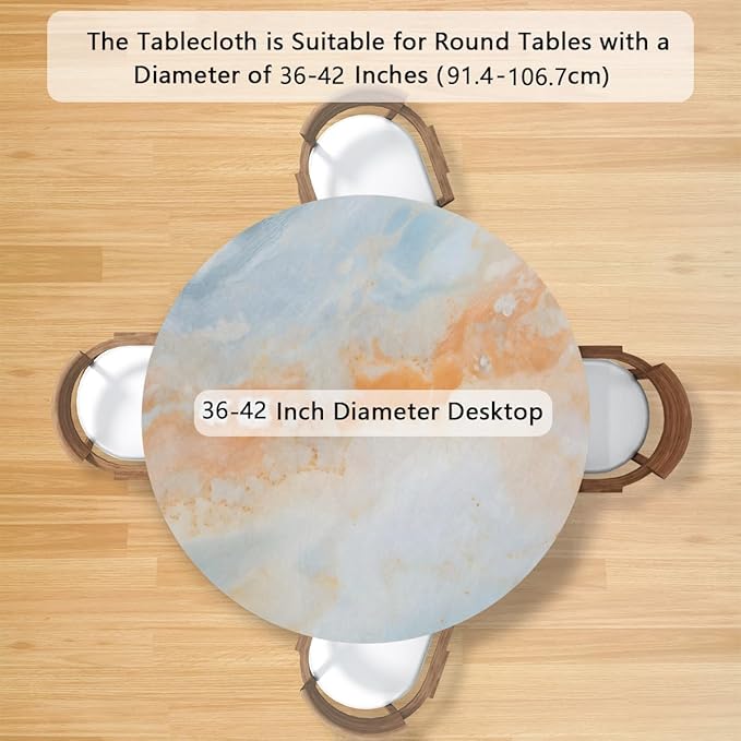 Marble Ripple Orange Blue Round Table Cloth Cover, Elastic Edge Waterproof Wipeable Tablecloths 36"-42" Polyester Tablecloth for Party Restaurant Banquet Holiday Camping Outdoor Picnic
