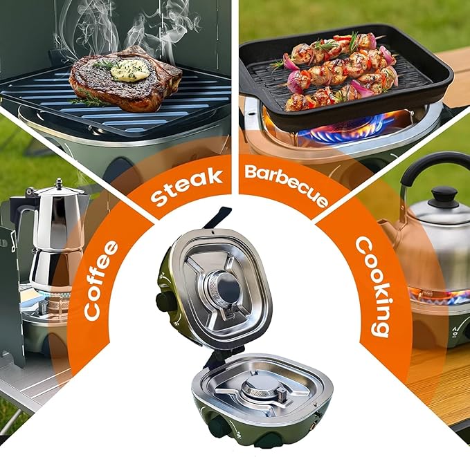 BJIPFO 2 Burner Foldable Camping Stove, Portable Propane Camp Stove,With Grill、Carry Bag Windscreen，20,000BTU Adjustable Burners & Piezo Ignition for Tailgating,BBQ,camp essentials gear