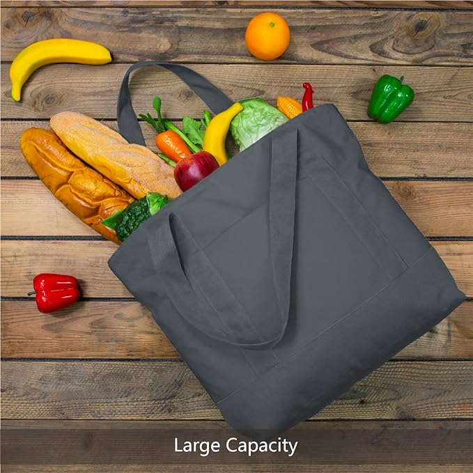 TOPDesign 6-Pack Canvas Tote Bags with an External Pocket, Reusable Grocery Shopping Bags, Top Zipper Closure, Daily Essentials (Grey)