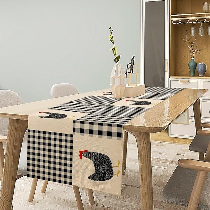 Farm Animal Table Runner, Chicken Hen Black White Buffalo Plaid Check Farmhouse Chick Table Runner for Home Kitchen Holiday Dining Party 13x108in