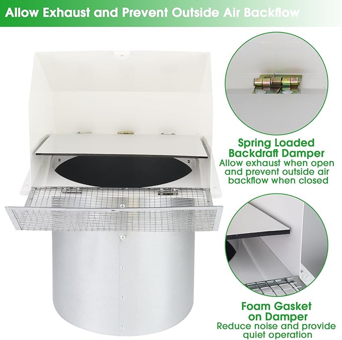 10 Inch Hooded Wall Vent with Screen and Damper, Outdoor Wall Exhaust Vent Cover Cap for Kitchen Range Hood Dryer Exterior Ventilation and Outside Air Exhaust, Galvanized Steel, White