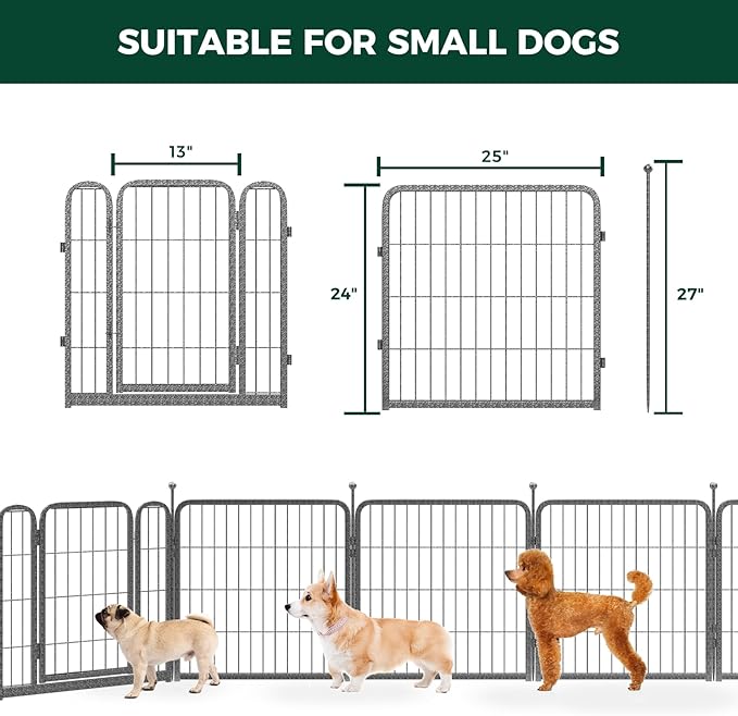 FXW Garden Fence Outdoor for The Yard – 24in(H) x 15.2ft(L) Heavy Duty Metal Animal Barrier for Dog and Rabbit, Decorative Dog Fence, 8 Panels, Silver