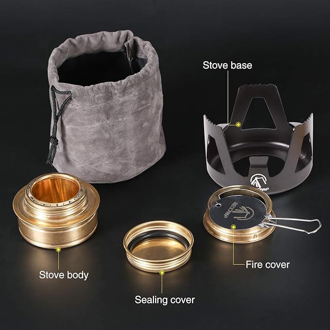 REDCAMP Mini Alcohol Stove for Backpacking, Lightweight Brass Spirit Burner with Aluminium Stand for Camping Hiking