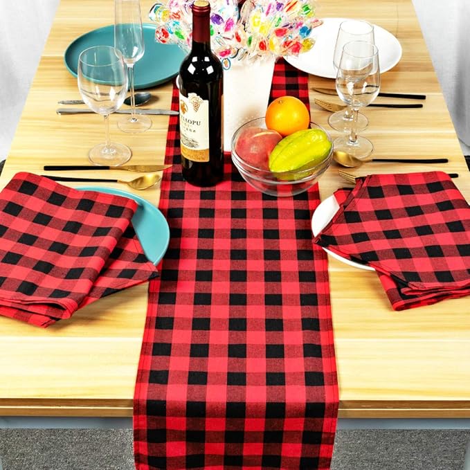 4 Pack Buffalo Check Table Runners Red and Black Plaid Table Runner for Christmas Dinner, Lumberjack Party, Outdoor or Indoor Gatherings Table Home Decorations 12"x72"