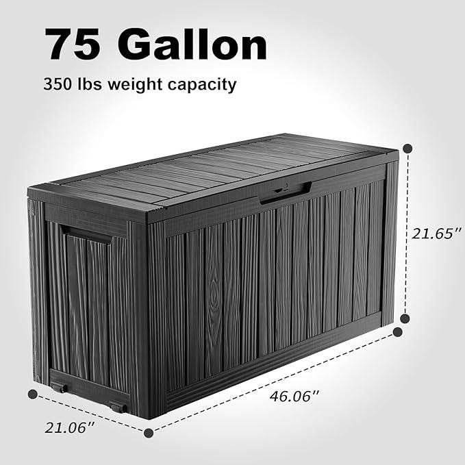 75 Gallon Large Deck Box,Resin Outdoor Storage Box with Lockable for Patio Furniture, Pool Accessories, Garden Tools Waterproof Outside Storage Box, Black