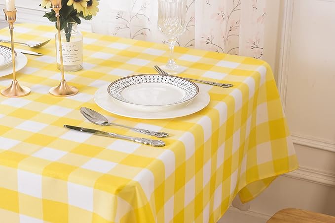 Cupuamon 2 Pack Waterproof Polyester Fabic Rectangle Checkered Tablecloth，60x120 Outdoor Table Cloth，Oil Stain Prevention Table Cloth for Pinics and Parties（Yellow and White）