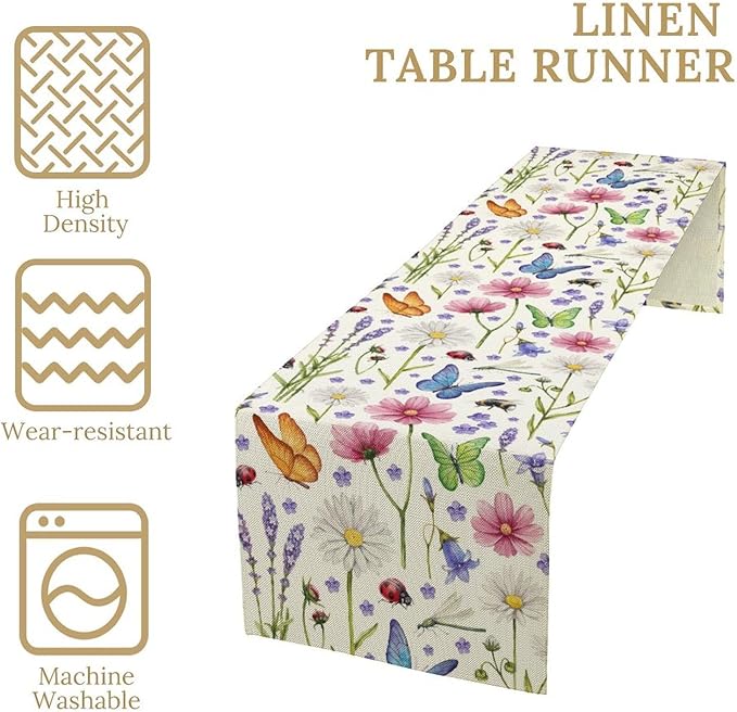 Flower Floral Table Runner, Butterfly Wildflowers Daisy Spring Summer Rustic Table Runner for Farmhouse Holiday Kitchen Dining Outdoor Home Party 13x120in