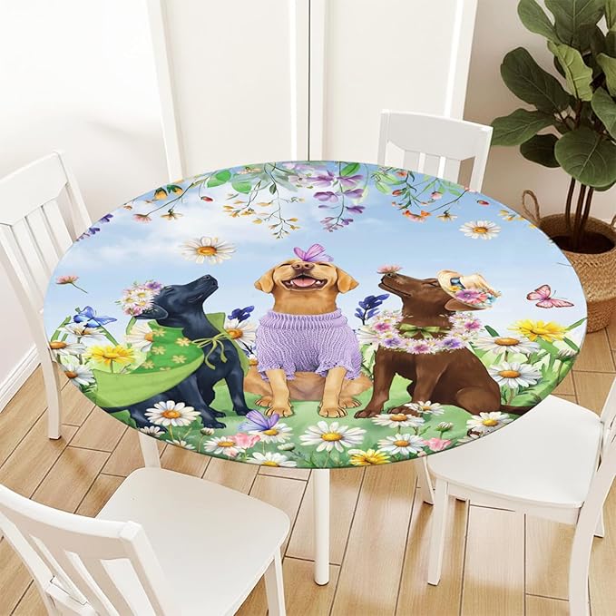 Spring Dogs Round Fitted Tablecloth with Elastic Colorful Floral Farmhouse Easter Circle Table Cloth for 48-52" Tables Wipeable Waterproof Outdoor Wildflowers Puppy Table Cover for Party Picnic Dining