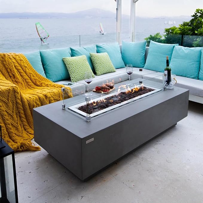 Granville Concrete Fire Pit 60" x 27" Outdoor Patio Firepit Includes Lava Rocks Modern Fire Pits & Outdoor Fireplaces for Garden, Deck, Indoor & Outdoor Heating