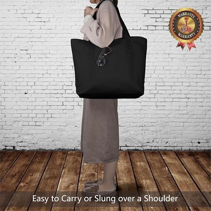 TOPDesign 6-Pack Canvas Tote Bags with an External Pocket, Reusable Grocery Shopping Bags, Top Zipper Closure, Daily Essentials (Black)