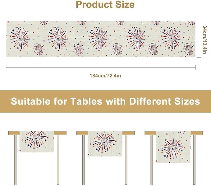 Fireworks Table Runner, 4th of July Patriotic Memorial Day American Independence Day Table Runner for Holiday Kitchen Dining Holiday 13x36in