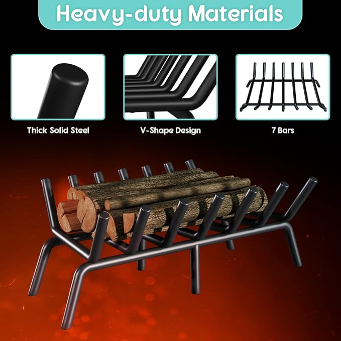 27-Inch Fireplace Grate, Heavy Duty 7-Bar Log Rack Holder Made of Solid Round Steel for Indoor/Outdoor Fire Pits, Wood Stoves & Kindling Tools