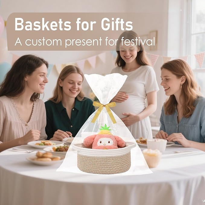 Woven Basket,Small Rope Storage Bin with Handles & Ribbon Bag, Organizer for Shelves Closets,Gift Basket Empty for Birthday,Books,Dog Toys, White&Brown Block/3 Pack