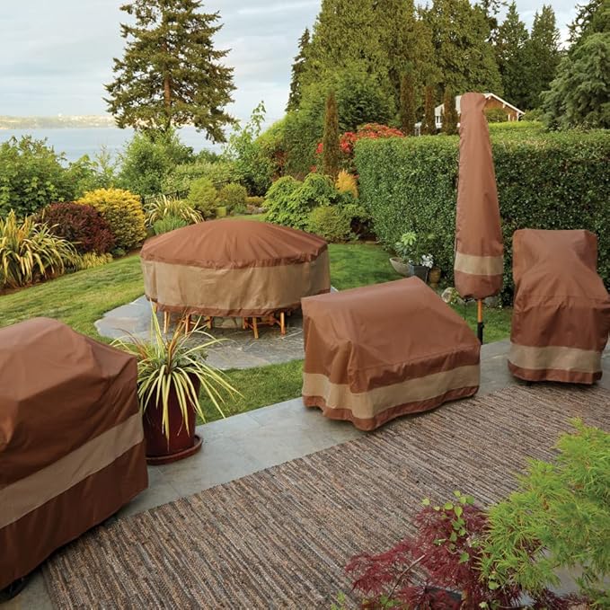 DUCKCOVERS Ultimate Waterproof Rectangular/Oval Patio Table & Chair Set Cover, Outdoor Dining General Purpose Furniture Set Covers with Attachment Straps, 140 inch, Outdoor Table Cover