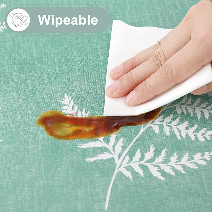 misaya Rectangle Waterproof Vinyl Table Cloth, Wipeable Tablecloth with Flannel Backing, Plastic Table Cover for Dinner, Picnic, Indoor and Outdoor (Light Green Leaves, 60" x 102")