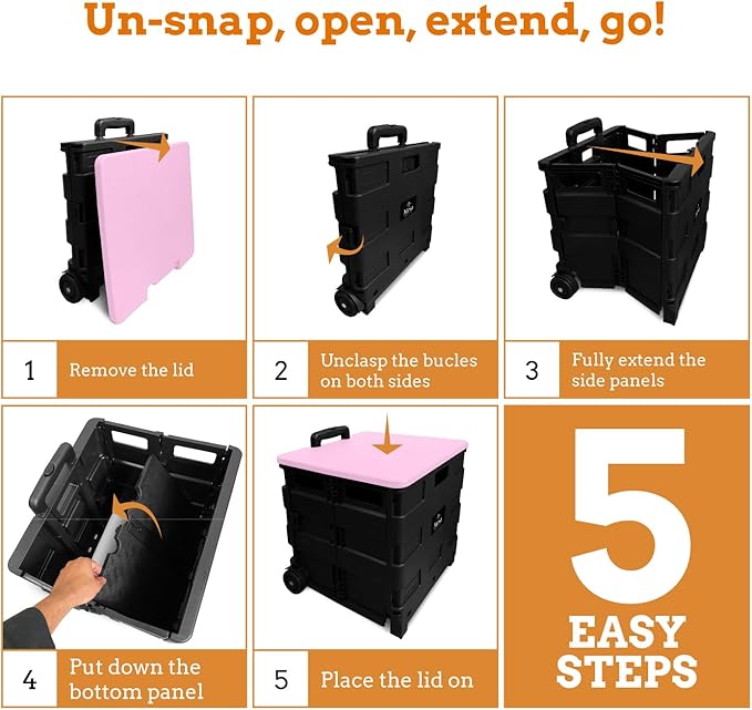 Inspired Living Collapsible Ultra-Slim Pack-N-Roll,2 Wheel Utility Cart w/Lid Used as Seat up to 250 Lbs, Telescopic Handle, Super Strong, for Home,Garden,Shopping,Office,School, Large, Pink & Black