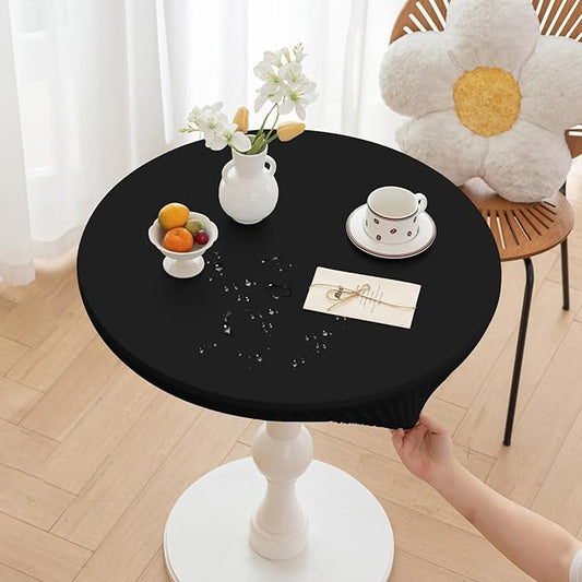 Round Fitted PU Tablecloth with High Elastic Edge 31 Inch Dia Waterproof Oil Proof Table Cloth Anti-Scald Stain-Resistant Wipeable Table Cover for Indoor Outdoor Picnic (Black,31" Dia)