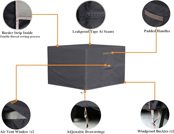 Fire Pit Cover 600D Heavy Duty Waterproof Fabric With PVC Coating Square 36" Wx 36" D x 24" H Dark Grey Fits for 32-36 Inch Fire Pit Table Fade Resistant Outdoor Firepit Cover