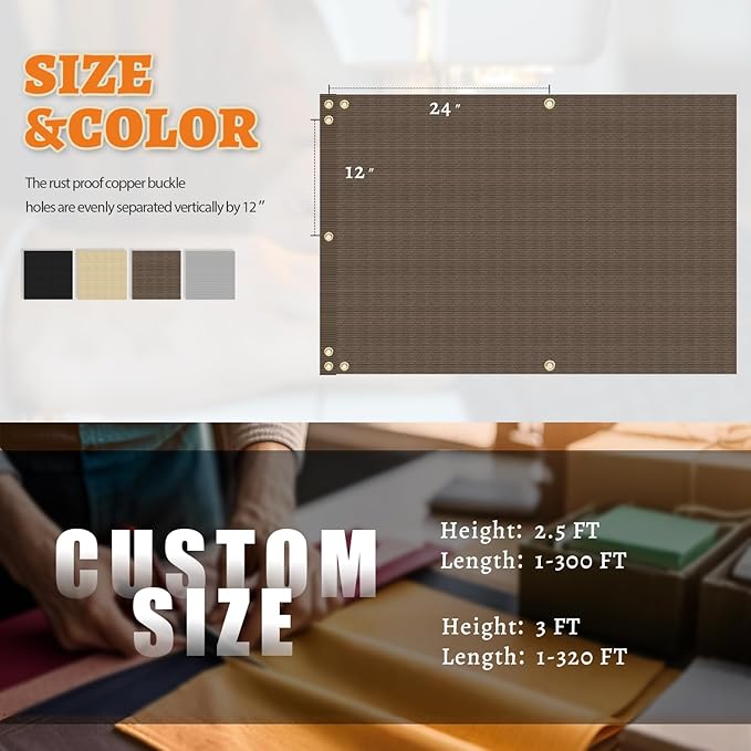 2.5' x 138' Balcony Privacy Screen Fence Cover with Zip Ties Grommets for Apartment Patio Porch Deck Backyard Outdoor (Brown)