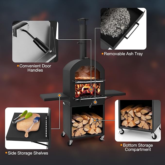 Giantex Pizza Oven Outdoor - Wood Fired Pizza Oven with 2 Side Tables, Pizza Stone, Pizza Peel, Cover, Cooking Grids, Pizza Maker on Wheels for Outside Charcoal Grill Backyard Party Camping