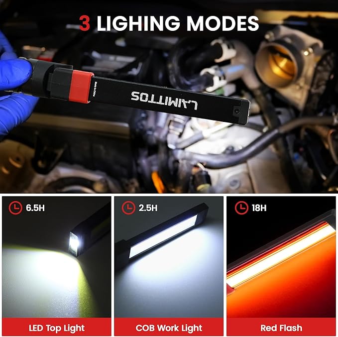 Rechargeable LED Work Light, Magnetic Flashlight Mechanic Light Tool for Men Him, Foldable Lamp with Hook for Car Repair Emergency BBQ Grill (2 Pack)