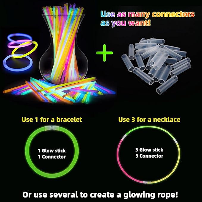 100 Pcs Glow Sticks Bulk, 8" Glow in the Dark Party Supplies - Neon Glow Stick Bracelets & Necklaces for Festivals, Concerts, Raves, Night Clubs, Halloween, Christmas, Birthdays