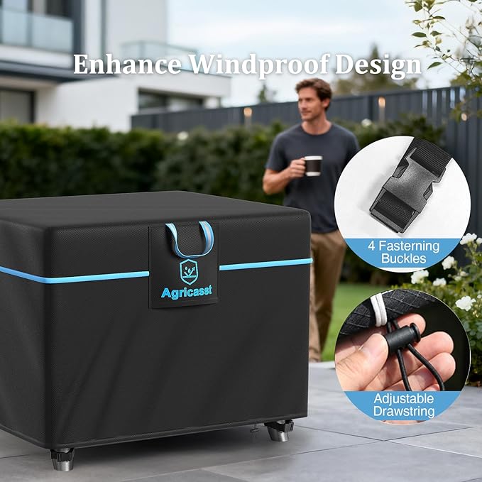 Square Fire Pit Cover for 29-32 Inch Fire Pit, 600D Heavy Duty Fire Table Cover Waterproof Patio Firepit Cover with Air Vent, Handle, 4 Windproof Buckles, Drawstring - 32''L x 32''W x 25''H