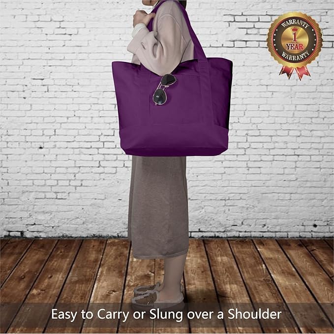 TOPDesign 6-Pack Canvas Tote Bags with an External Pocket, Reusable Grocery Shopping Bags, Top Zipper Closure, Daily Essentials (Purple)