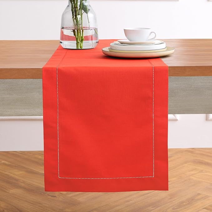 Solino Home Table Runner 108 Inches Long - Cotton Linen Hemstitch Poppy Red Table Runner 14 x 108 Inch for Valentines