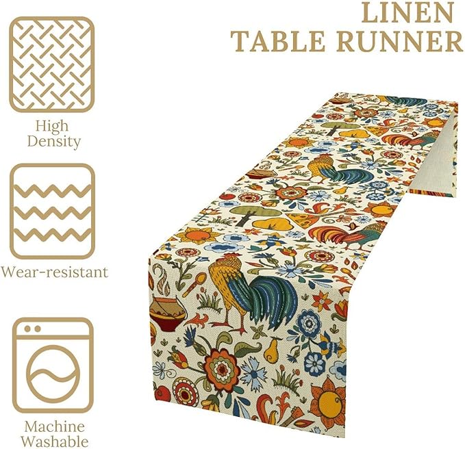 Farm Animal Table Runner, Boho Folk Style Country Rustic Farmhouse Rooster Flower Print Table Runner for Home Kitchen Dining Holiday Decor, 13x120inch
