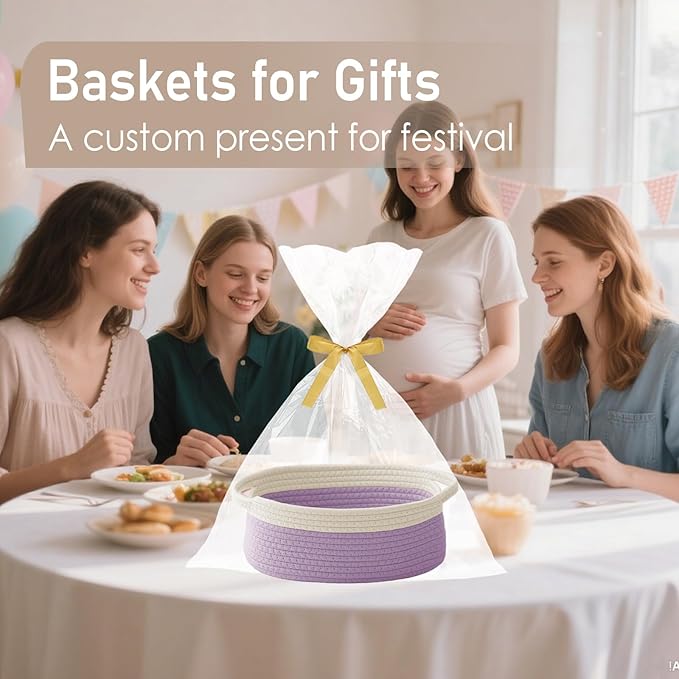 Woven Basket,Small Rope Storage Bin with Handles & Ribbon Bag, Organizer for Shelves Closets,Gift Basket Empty for Birthday,Books,Dog Toys, White&Purple/3 Pack