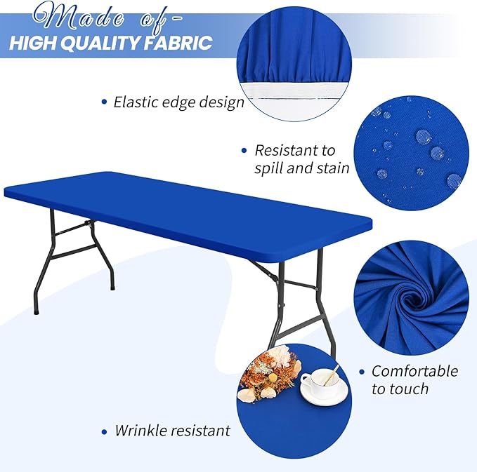 10 Pack Stretch Fabric Table Top Cap Cover, fits 8Ft Tables, Spandex Table Covers Washable Elastic Universal Rectangle Tablecloth Protector for Outdoor Party Picnic Wedding, Royal Blue, 30" W x 96" L